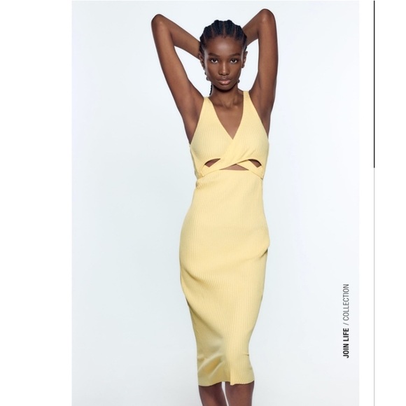 ZARA cut out ribbed midi dress pastel yellow butter yellow size medium summer - Picture 2 of 13